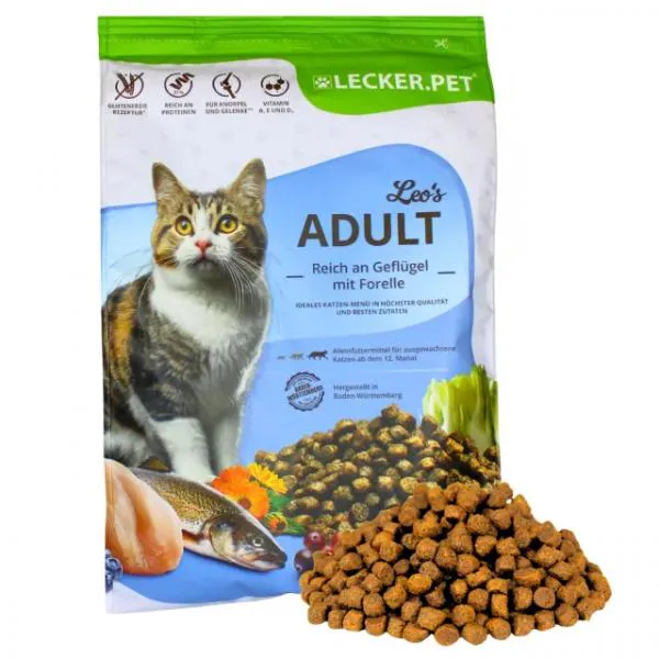 2-5-kg-leckerpet-leos-adult-gefluegel--forelle-katzenfutter-trockenfutter--1774211625093767513 RAUS-VERKAUF2,5 kg Lecker.Pet® Leo's Adult Geflügel & Forelle Katzenfutter Trockenfutter Vollnahrung MHD 9/2027, 1000 Stück – Bild 1